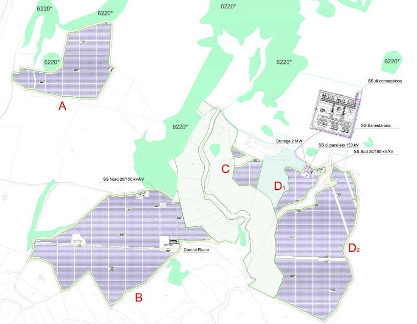 Butera One AgriPV clean technical layout plan showing blue striped areas representing solar panel arrays arranged in sections A, B, C, D1, and D2, green areas for vegetation/environmental zones, substation infrastructure including SS di connessione and SS Benestrada, control room location, storage facilities (Storage 2 MW), and various technical annotations with electrical specifications. The layout demonstrates the AgriPV approach with a cleaner, more focused view of the installation areas.