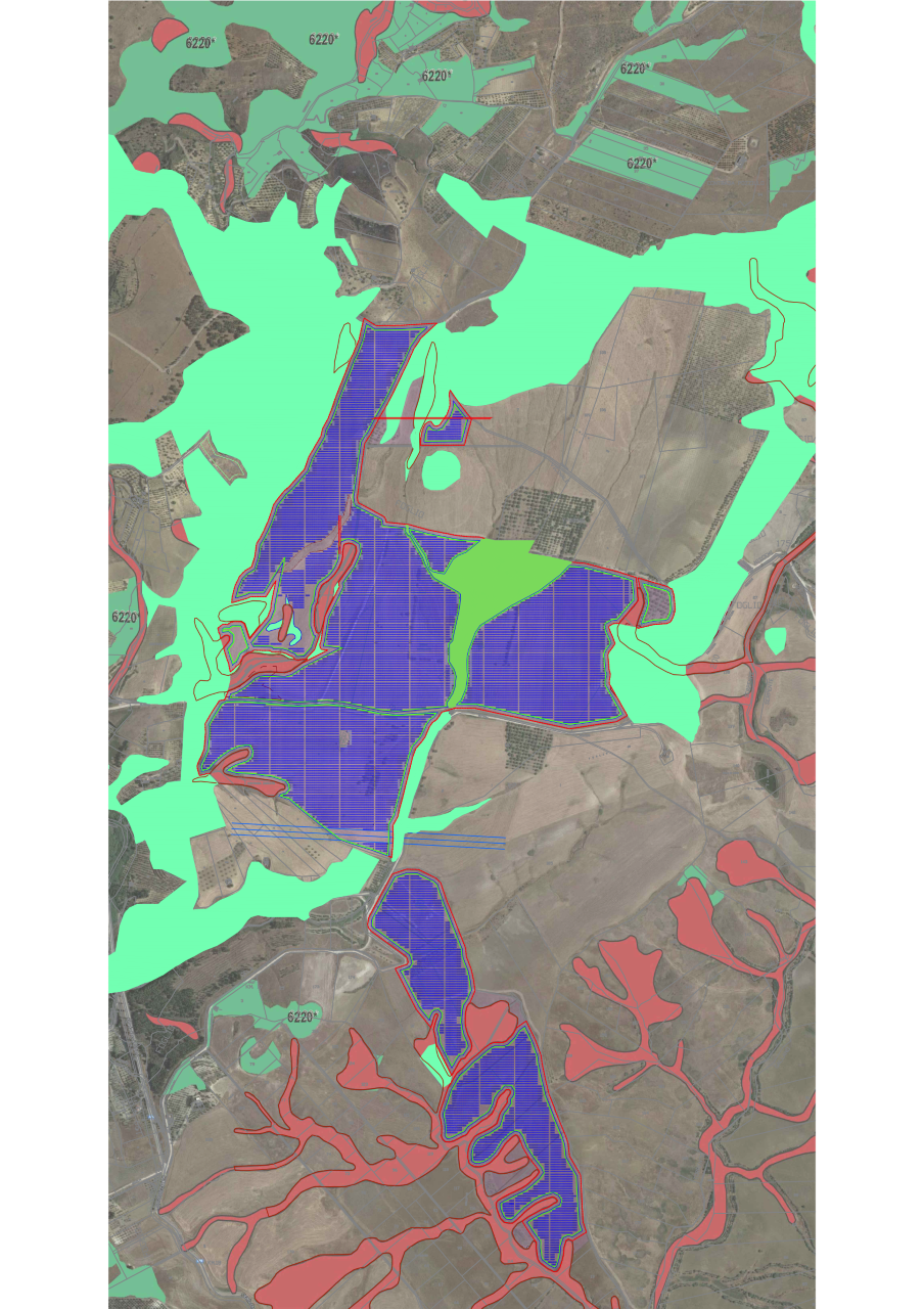 Butera Two AgriPV aerial layout plan showing blue striped areas representing solar panel installations overlaid on satellite imagery of the actual terrain, green areas for environmental/vegetation protection zones, red areas for restricted or sensitive zones, boundary lines, and topographical features. The plan shows how solar installations are integrated with the natural landscape and agricultural areas while respecting environmental constraints.