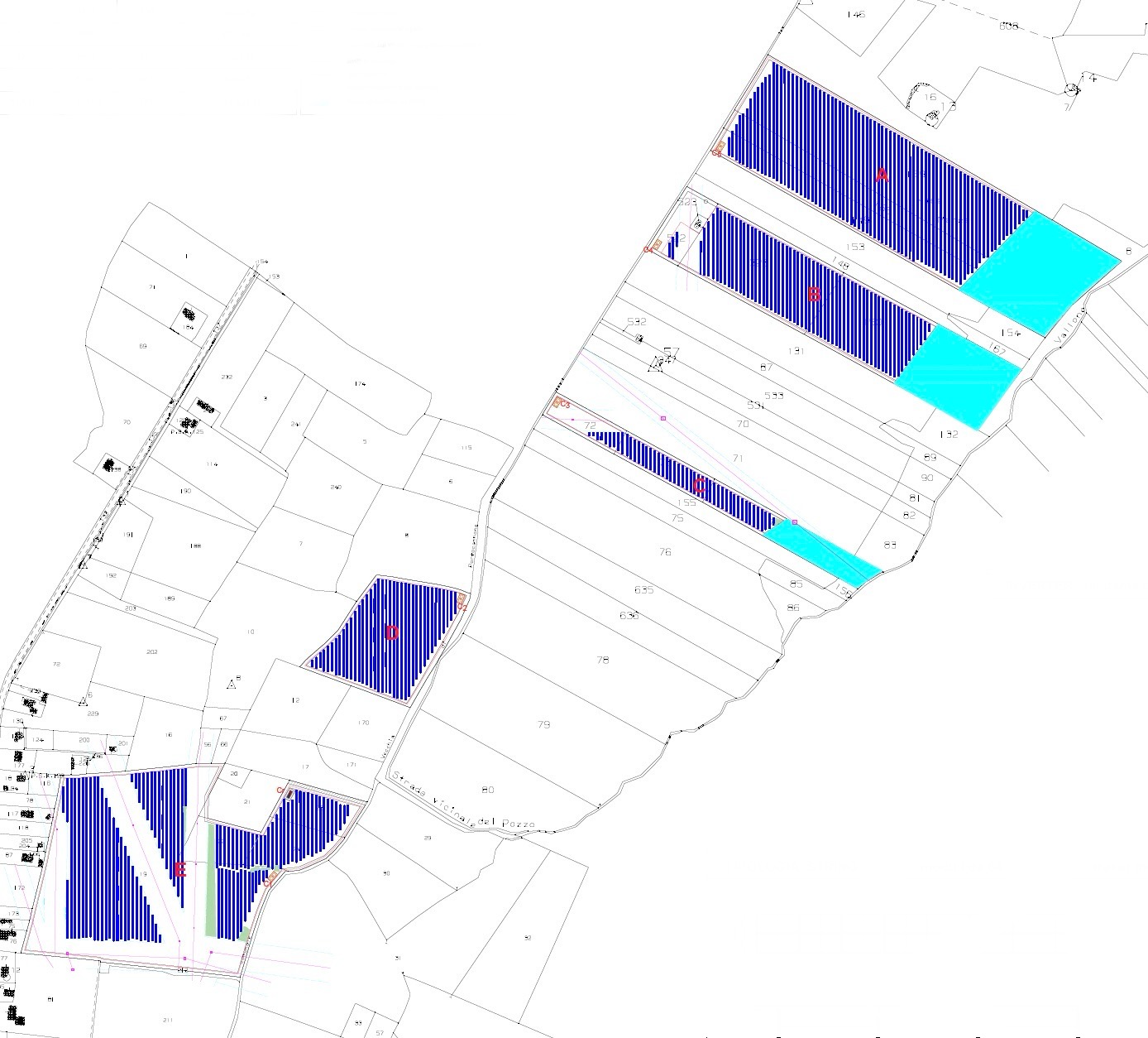 Campomarino AgriPV technical layout plan showing solar panel installation layout with blue striped areas representing solar panel arrays arranged across multiple parcels, cyan/turquoise areas for water features or buffer zones, and various plot boundaries with infrastructure elements. The layout demonstrates the AgriPV approach for the Campomarino in Molise