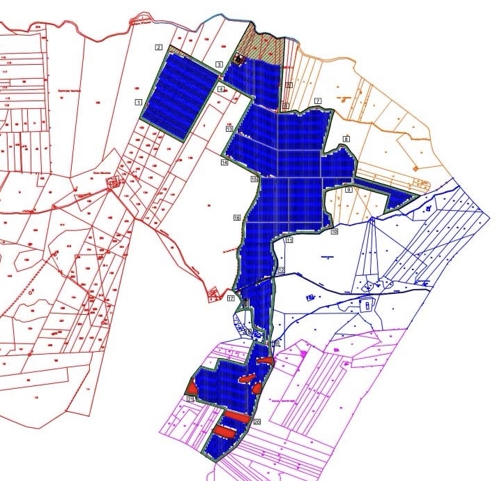 Gela AgriPV technical layout plan showing blue areas representing solar panel installations arranged across multiple numbered cadastral parcels, red boundary lines defining property limits, purple/pink striped areas for specific zones or restrictions, white areas for agricultural/open land, and various numbered plot references. The plan shows detailed cadastral mapping with solar installations integrated across the agricultural landscape.