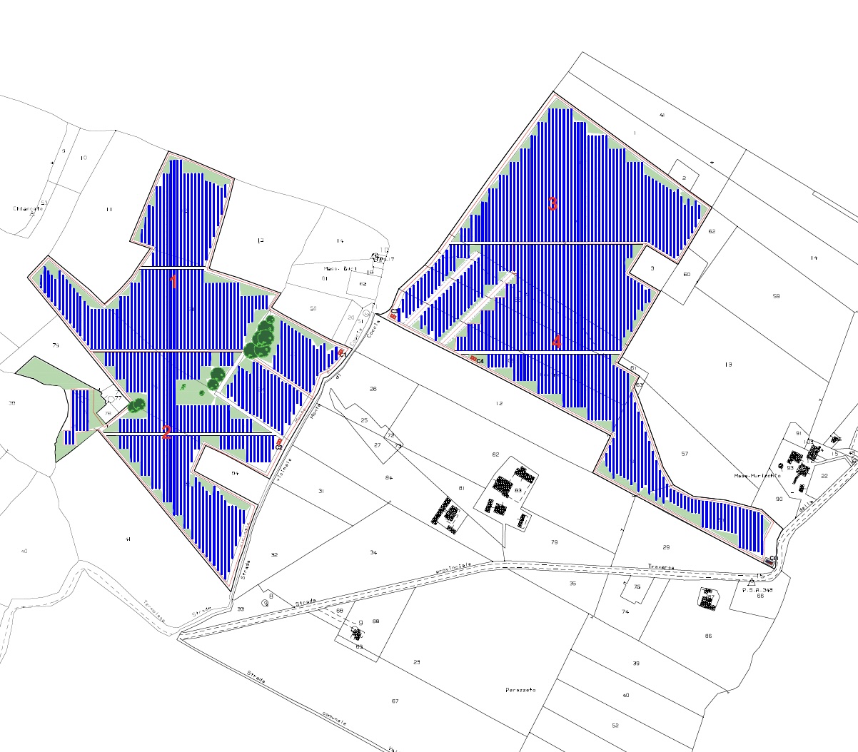 Guglionesi AgriPV technical layout plan showing solar panel installations with blue striped areas, green agricultural zones, and infrastructure elements across multiple land parcels in Molise