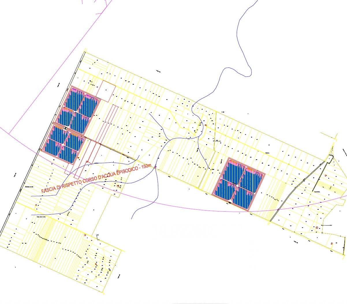 Mariotto One AgriPV technical layout plan showing solar panel installation layout with blue striped areas representing solar panel arrays, yellow areas for agricultural/vegetation zones, plot boundaries, and water course buffer zone (FASCIA DI RISPETTO CORSO D'ACQUA EPISODICO - 150m) for the AgriPV approach in Puglia