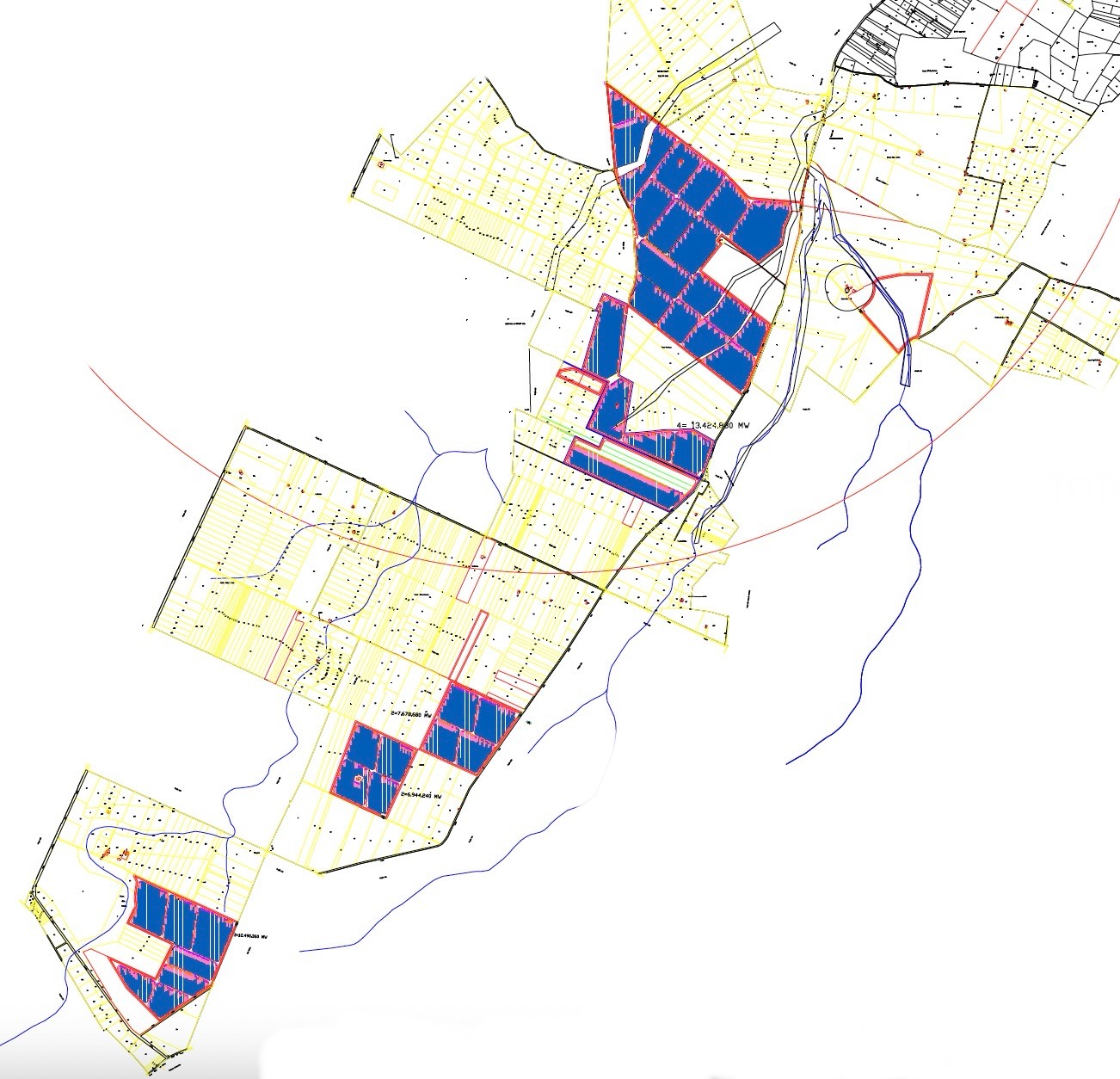 Mariotto Two AgriPV updated technical layout plan showing blue striped areas representing solar panel arrays distributed across multiple separate parcels in different locations, yellow areas for agricultural/vegetation zones, detailed plot boundaries, water courses, roads, and various infrastructure elements. The updated layout demonstrates a more comprehensive AgriPV design with solar installations spread across different locations within the area in Puglia