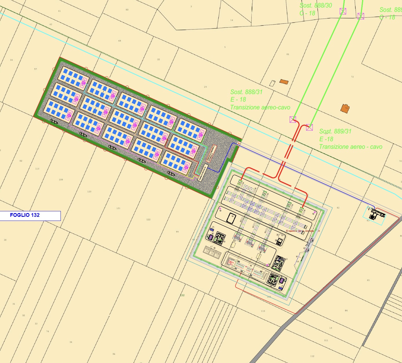 BESS Development Pipeline technical layout plan showing a BESS facility with blue grid patterns representing solar panel arrays arranged in rows, a central substation/control area with detailed electrical infrastructure including transformers and control buildings, green boundary areas, colored utility lines (red, blue, cyan), and various technical annotations including FOGLIO 132 and electrical connection details. The plan demonstrates the integration of solar generation with battery storage systems