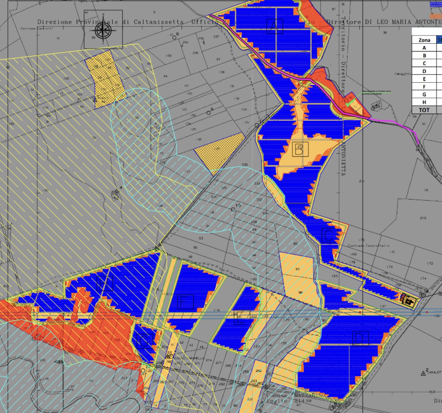 Mazzarino AgriPV technical cadastral layout plan showing blue areas indicating solar panel installations arranged across multiple labeled zones (A, B, C, D, E, F, G, H), yellow/orange buffer zones for agricultural areas, red restricted areas, cyan/turquoise striped areas for specific land use designations, detailed plot numbering system with cadastral references, compass rose for orientation, and zone legend table. The layout demonstrates the AgriPV approach for the Mazzarino in Sicily with comprehensive zoning and cadastral mapping.