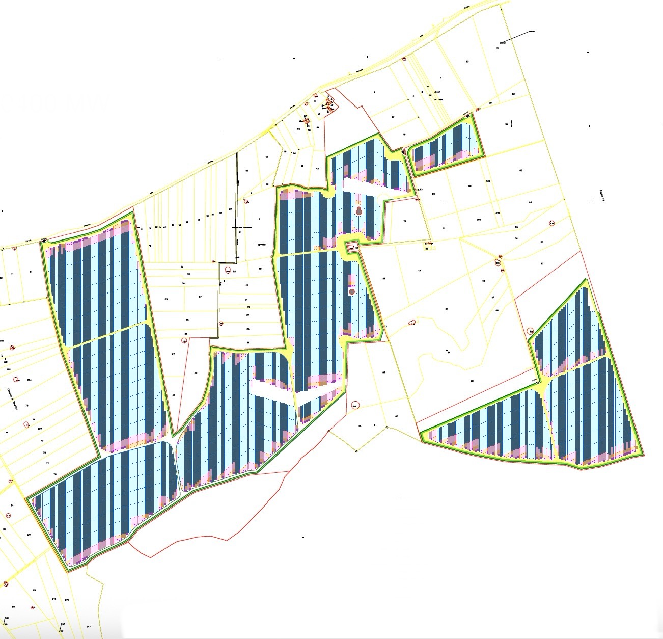 Palo Del Colle AgriPV technical layout plan showing solar panel installation layout with blue striped areas representing solar panel arrays arranged across multiple irregular-shaped parcels, green boundary lines, pink/purple buffer zones, and various plot boundaries with infrastructure elements. The layout demonstrates the AgriPV approach for the Palo Del Colle in Puglia
