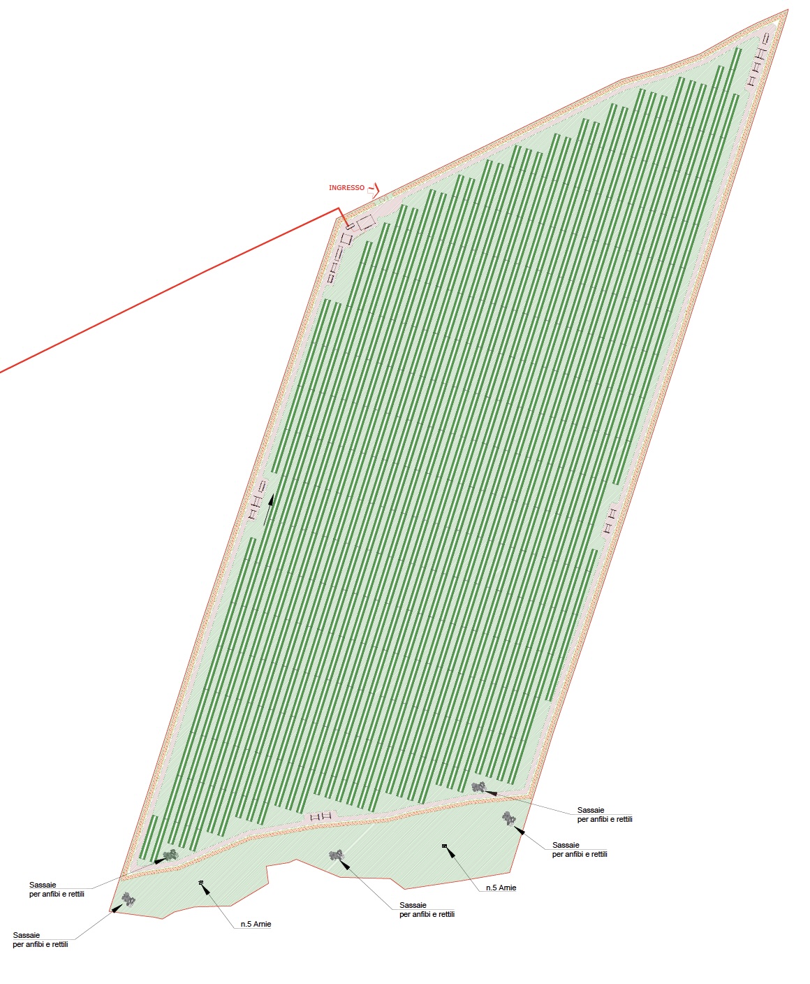 Rosato AgriPV technical layout plan showing green striped areas indicating solar panel installations arranged within a triangular/angular parcel boundary, orange/tan perimeter lines, access road entrance marked INGRESSO with red directional arrow, multiple Sassaie per anfibi e rettili (stone pile habitats for amphibians and reptiles) positioned around the site perimeter for environmental protection, and n.5 Arnie (5 beehives) marked in specific locations to support local biodiversity. The layout demonstrates the AgriPV approach for the Rosato in Basilicata with environmental conservation measures integrated into the design.