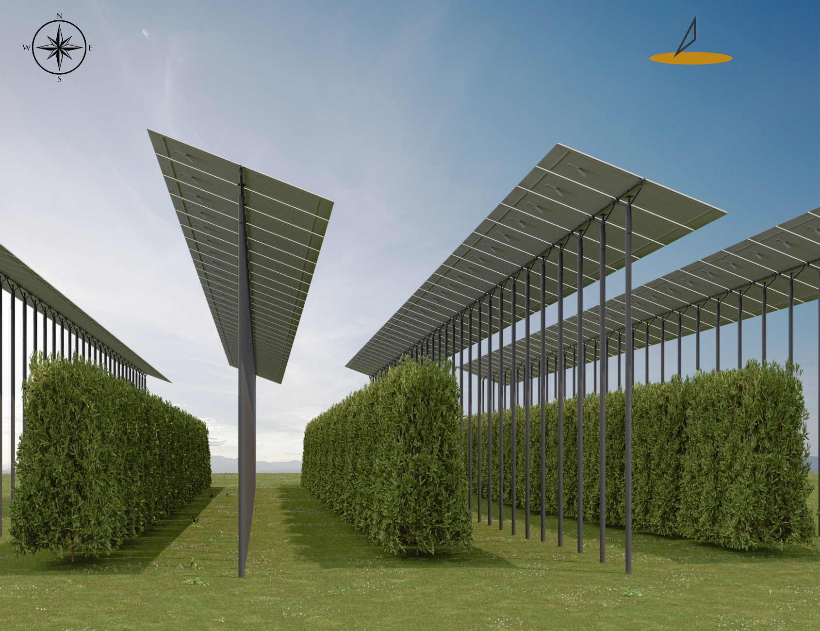 AgriPV installation showing elevated solar panel trackers positioned above organized rows of green vegetation and crops, demonstrating dual land use with solar panels providing shade while allowing agricultural activities below